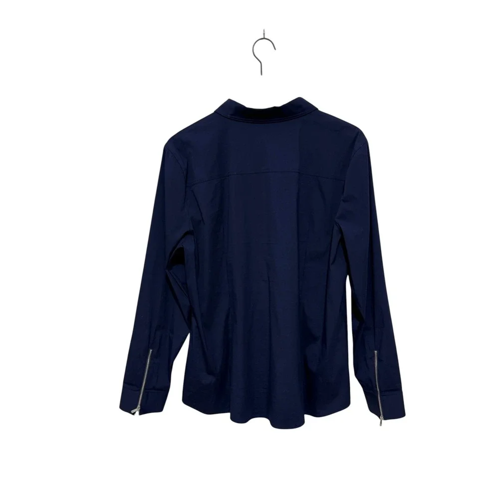 Lafayette 148 New York Zip Front Blouse Sz 16 Navy Stretch Cotton Collared Top - Picture 5 of 14